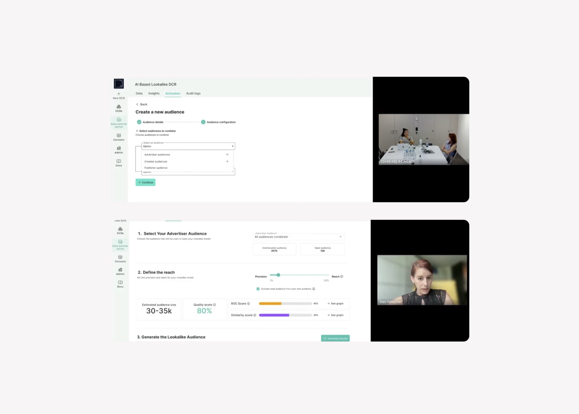 Decentriq user testing sessions: participants moving through the redesigned audience flows on a recorded call