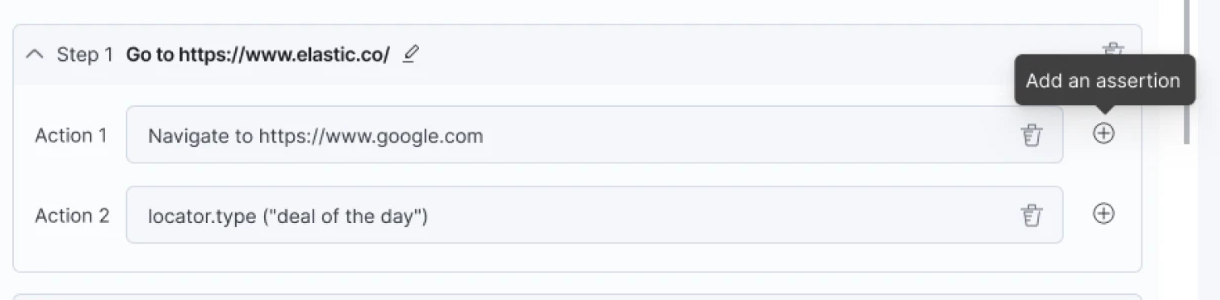 A recorded step with two actions, each carrying an add-assertion control, and the step name editable inline