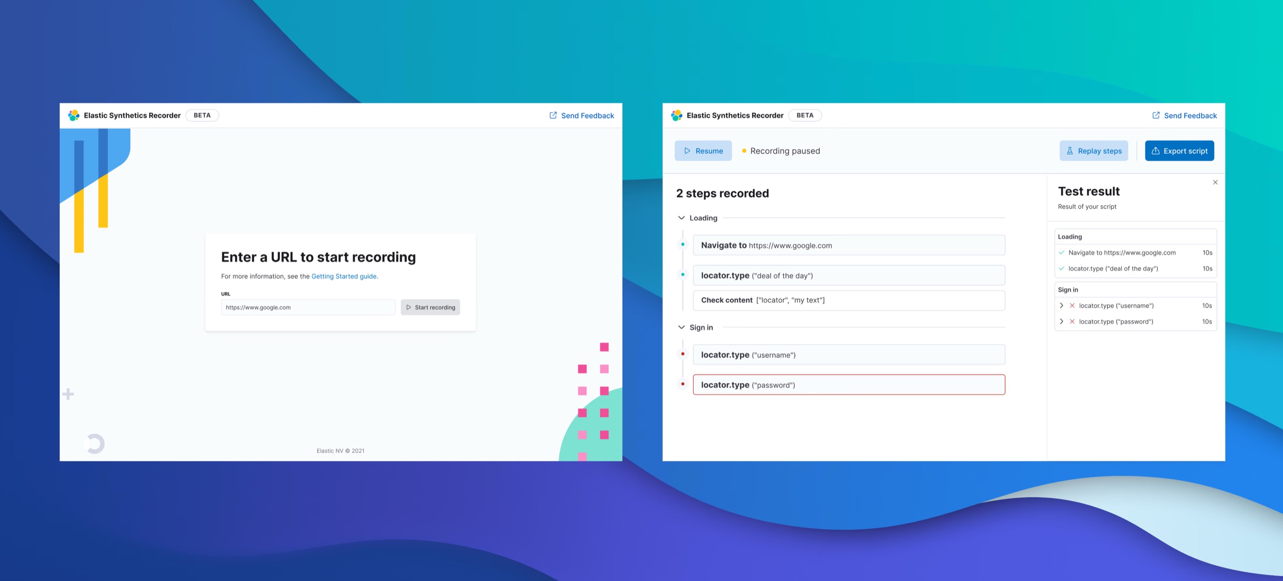 The Elastic Synthetics Recorder: the start screen, and a recorded journey grouped into named phases beside its test result