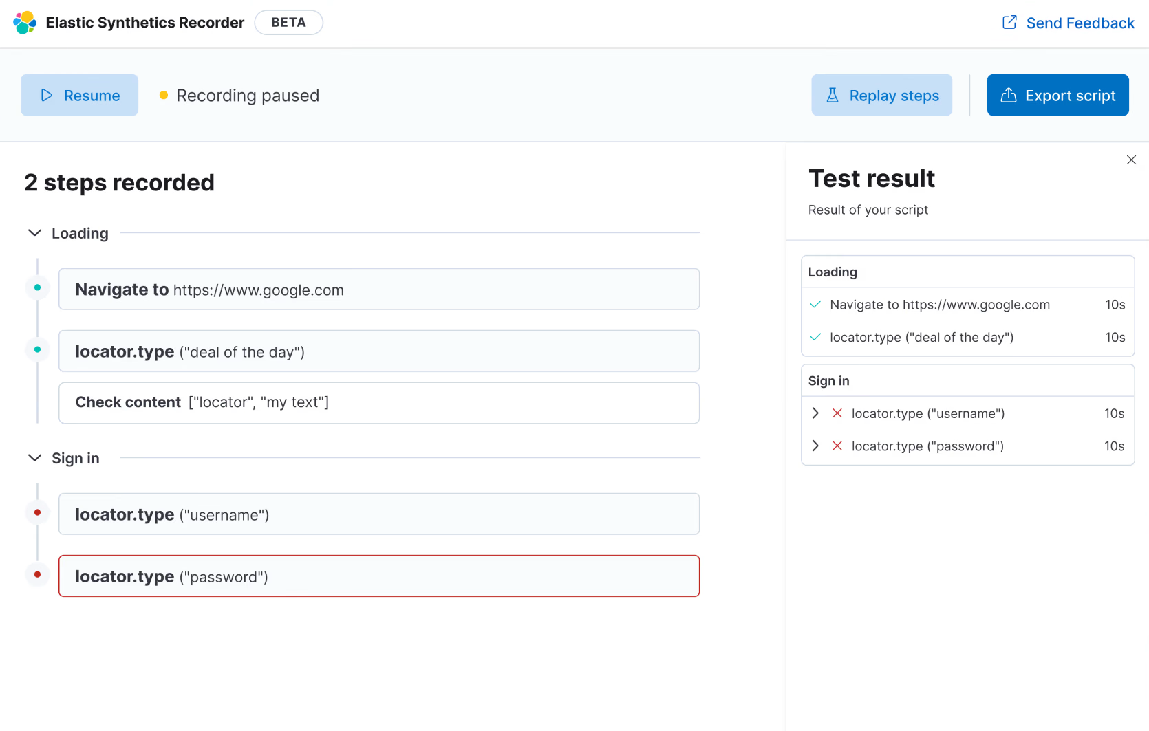 Shipped recorder: steps grouped under named phases, pass and fail state on the timeline, assertions inline, and a test panel mirroring the same grouping