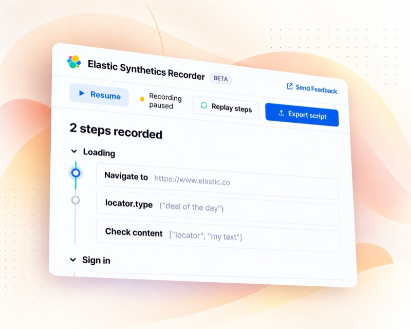 Elastic Synthetics Recorder: two steps recorded, grouped under Loading and Sign in