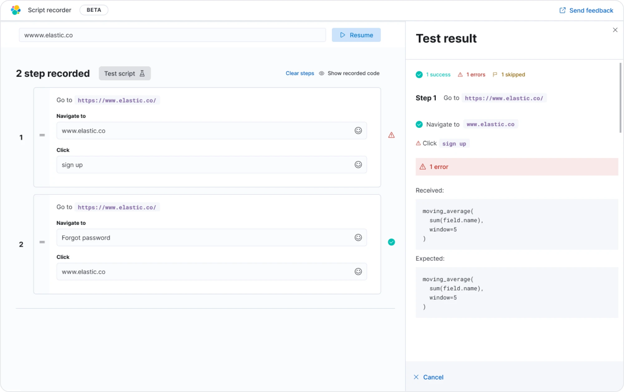 First exploration: a flat list of recorded actions with every field open, and a test result panel covering the workspace