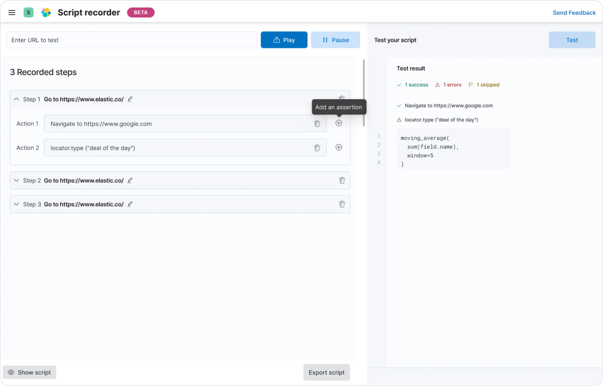 Second exploration: collapsible steps containing nested actions, with an add-assertion control on each action