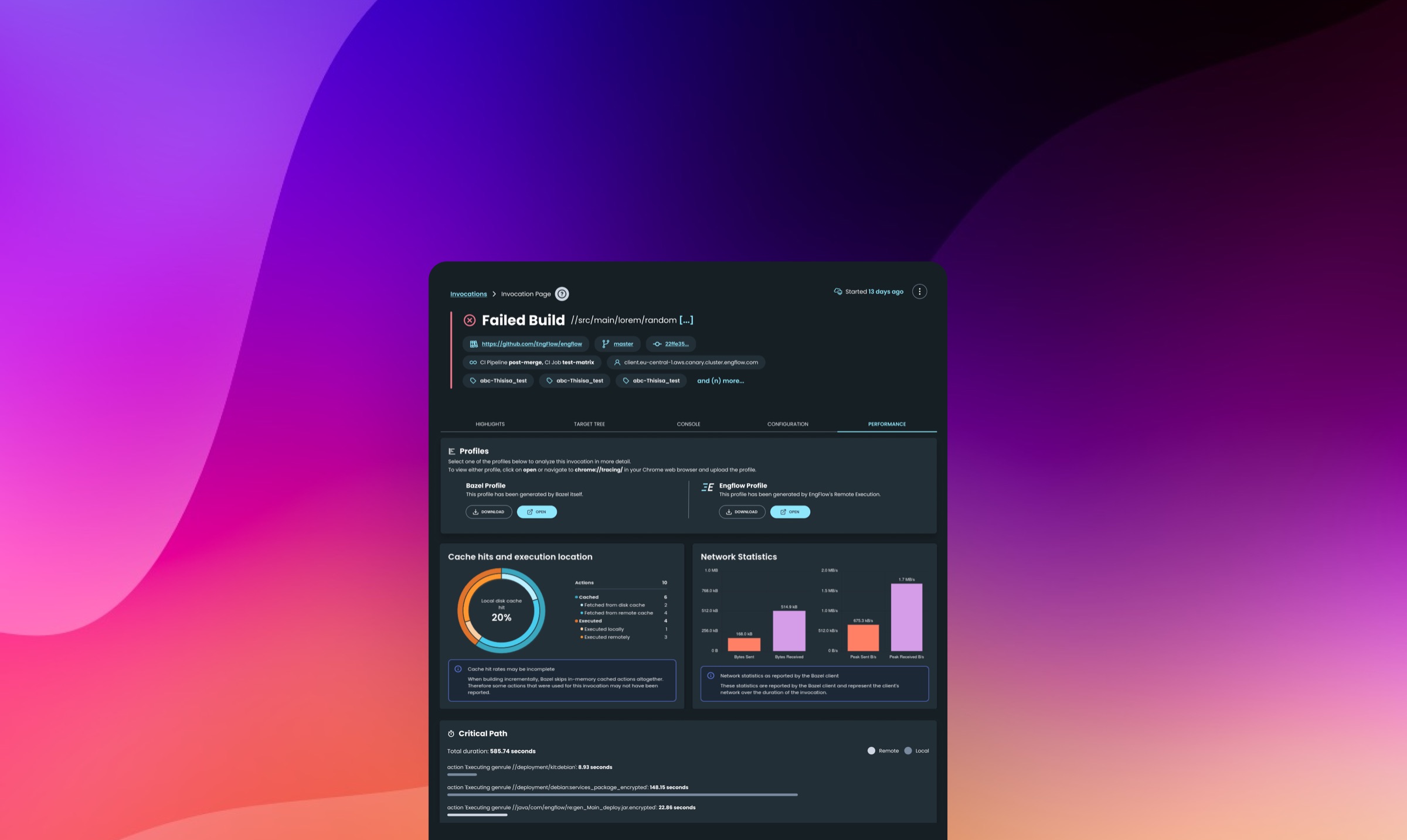 EngFlow invocation performance view, showing timing and the critical path