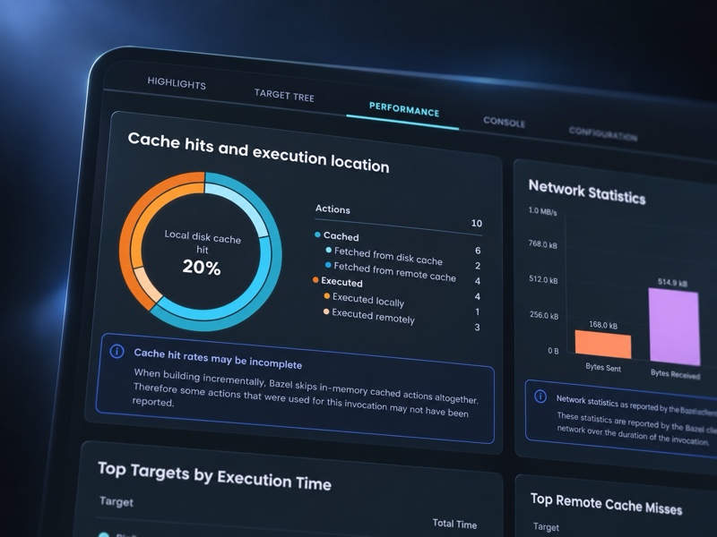 MyEngFlow performance tab: cache hits and execution location, and network statistics for a build