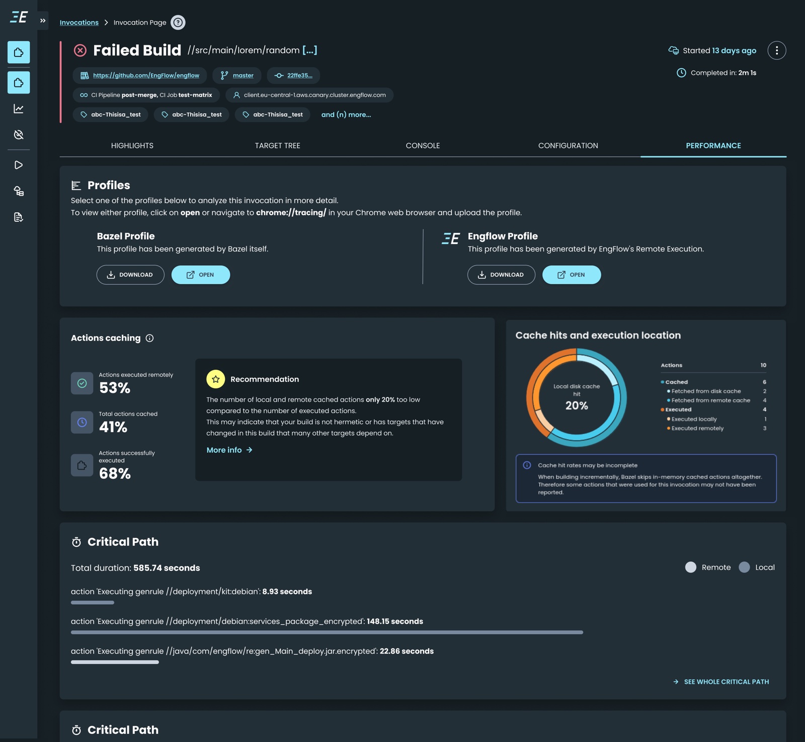 EngFlow invocation page after: an Actions caching panel with a recommendation flagging low cache coverage