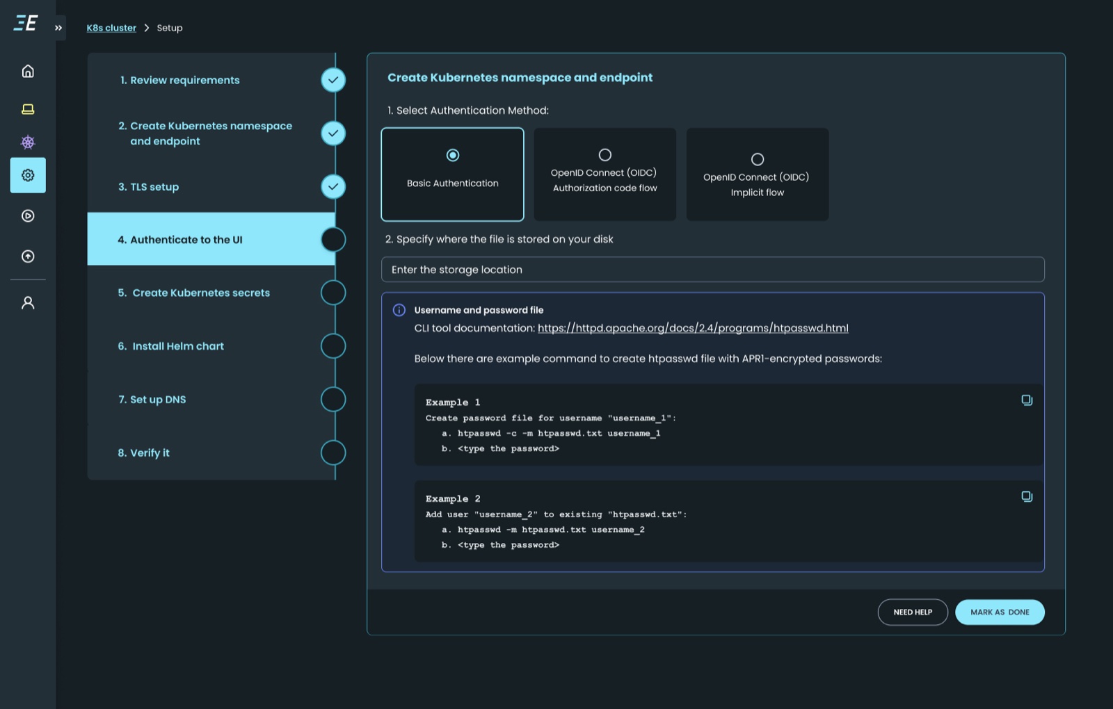 EngFlow setup after: a connected stepper with progress, inline commands and copy buttons