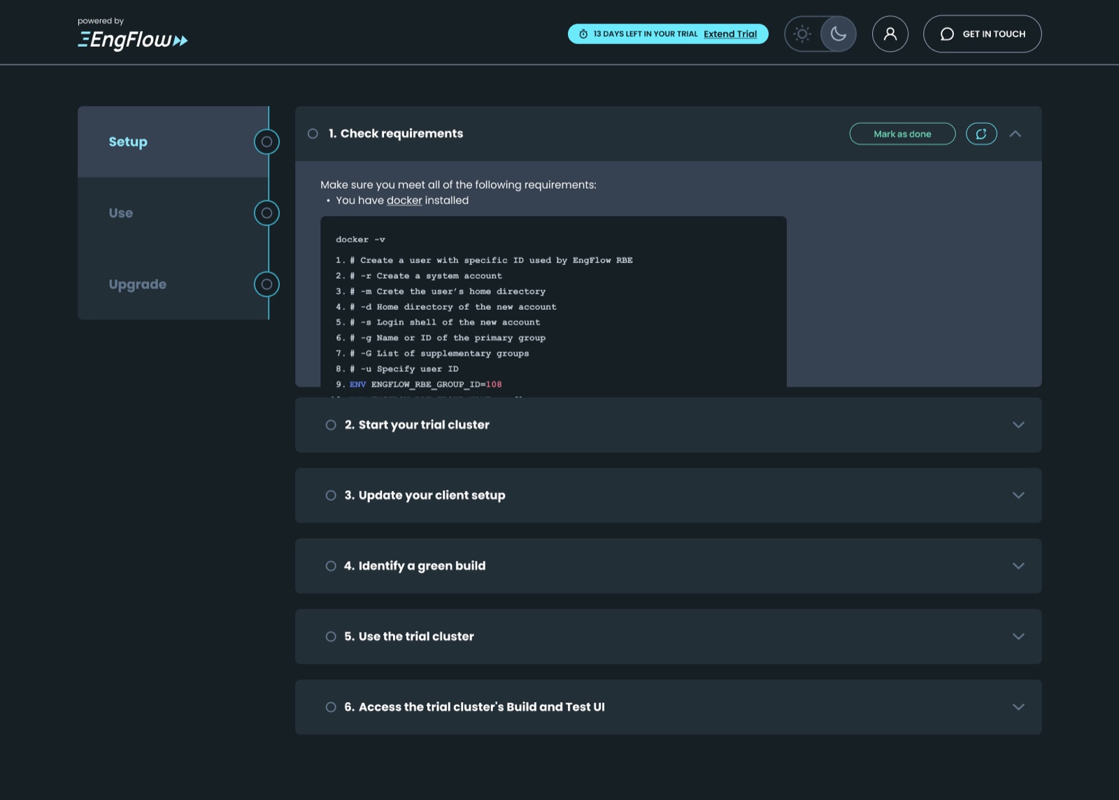 EngFlow setup before: an accordion under Setup, Use and Upgrade tabs where each step expands in place