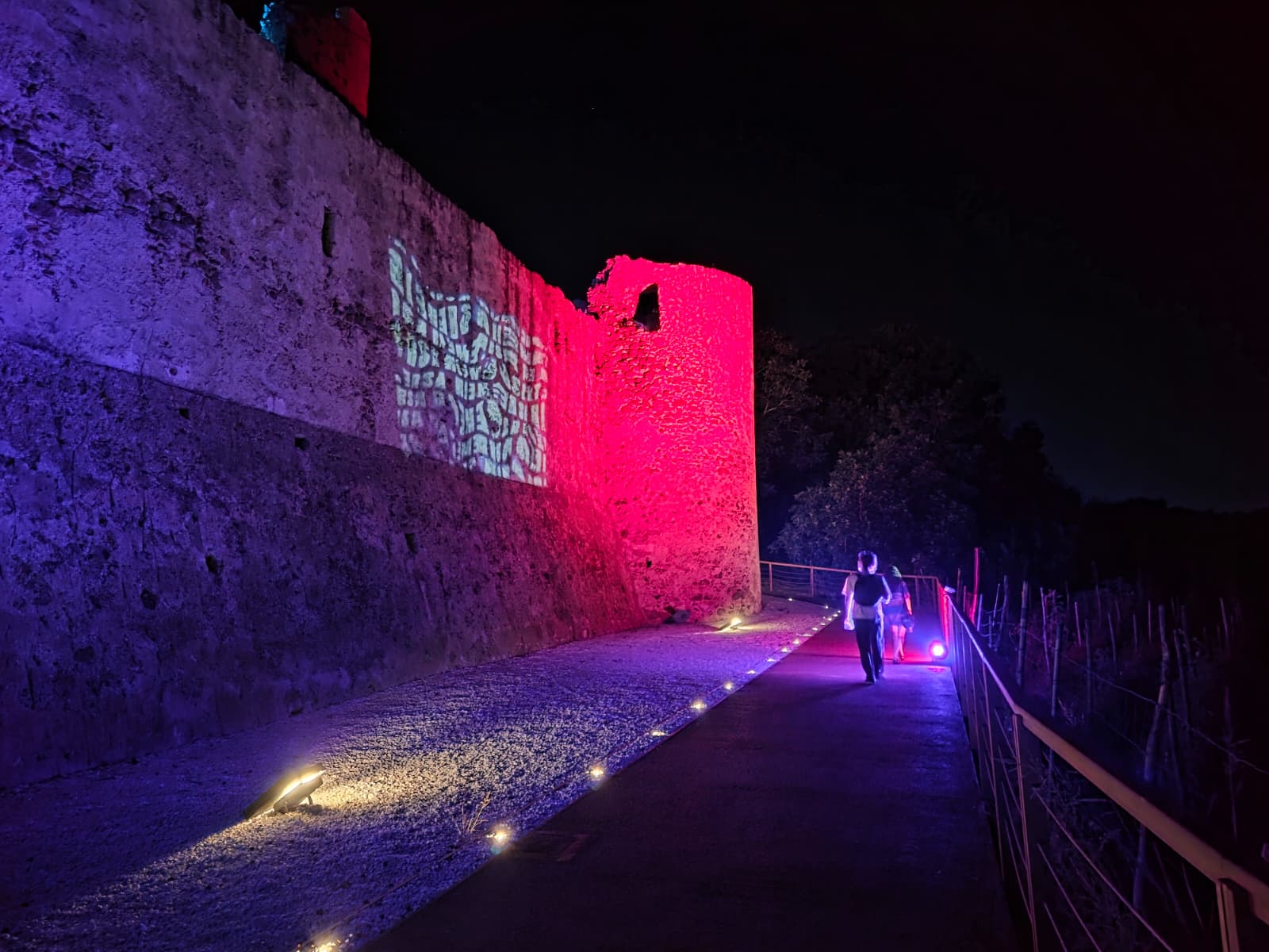 An illuminated pathway leading into the event