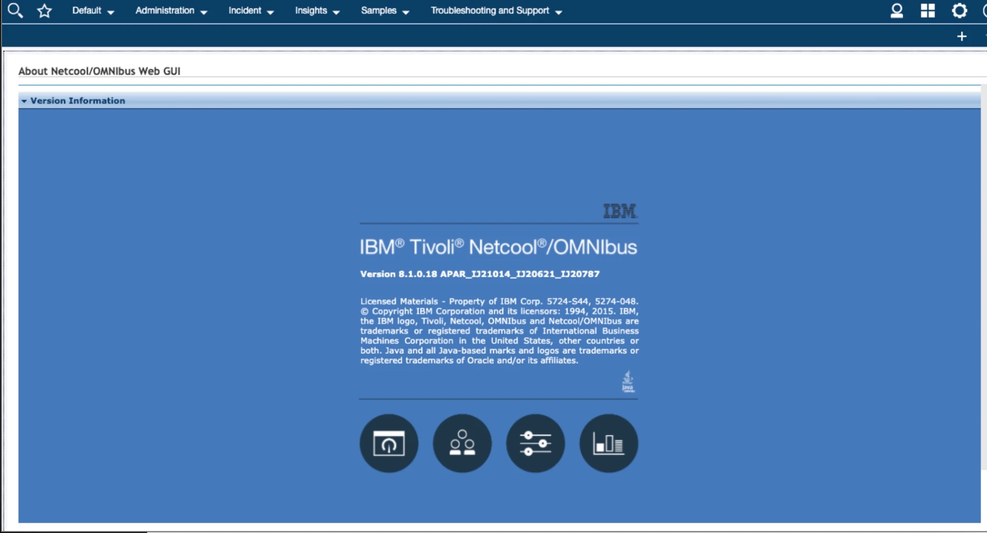 The legacy Netcool/OMNIbus Web GUI: a dense blue About screen under a dark navigation bar