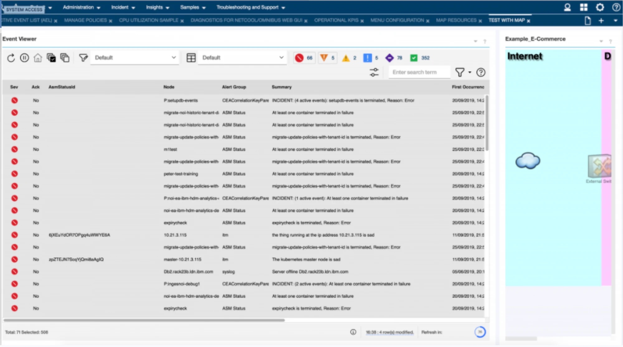 The legacy Netcool Event Viewer: a long table of alerts at equal weight, tabs, toolbars and a separate map pane
