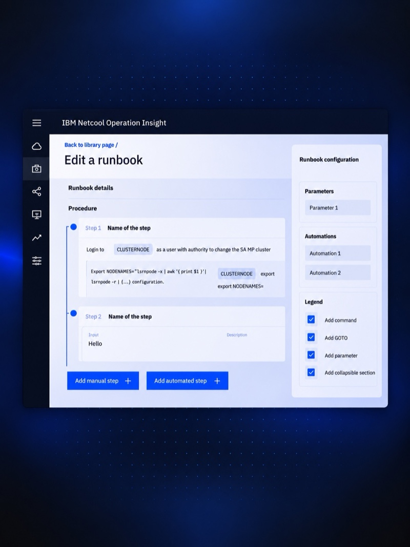 IBM Netcool: editing a runbook, with its procedure steps and the runbook configuration panel