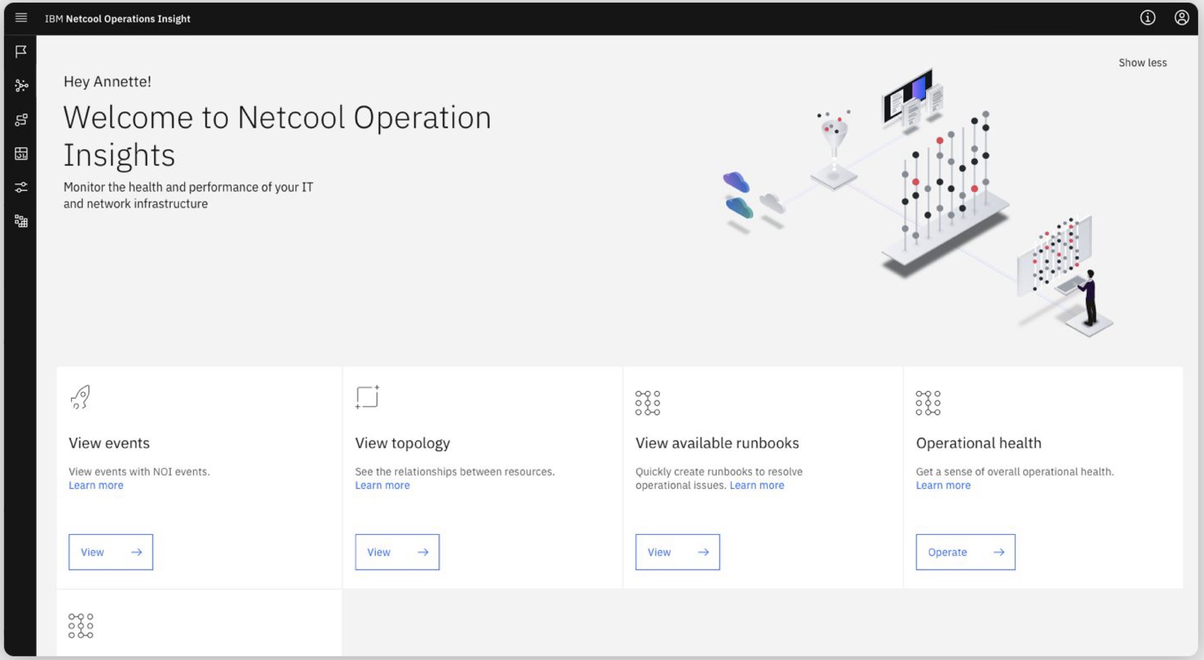 The shipped Netcool welcome page greeting Annette, with entry points to events, topology, runbooks and operational health