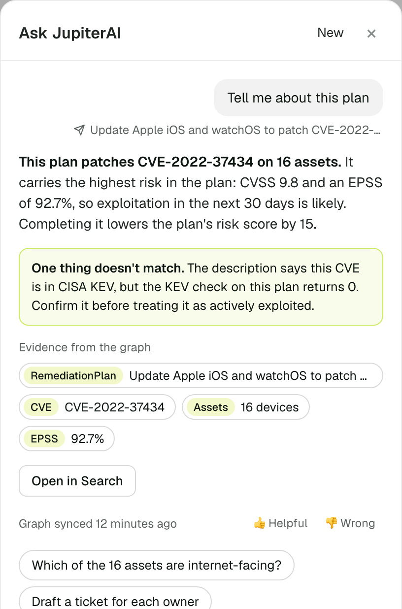 The Ask JupiterAI answer for a remediation plan: a two-sentence answer, a flagged data mismatch, evidence chips from the graph, an Open in Search button, the graph sync time and Helpful or Wrong feedback
