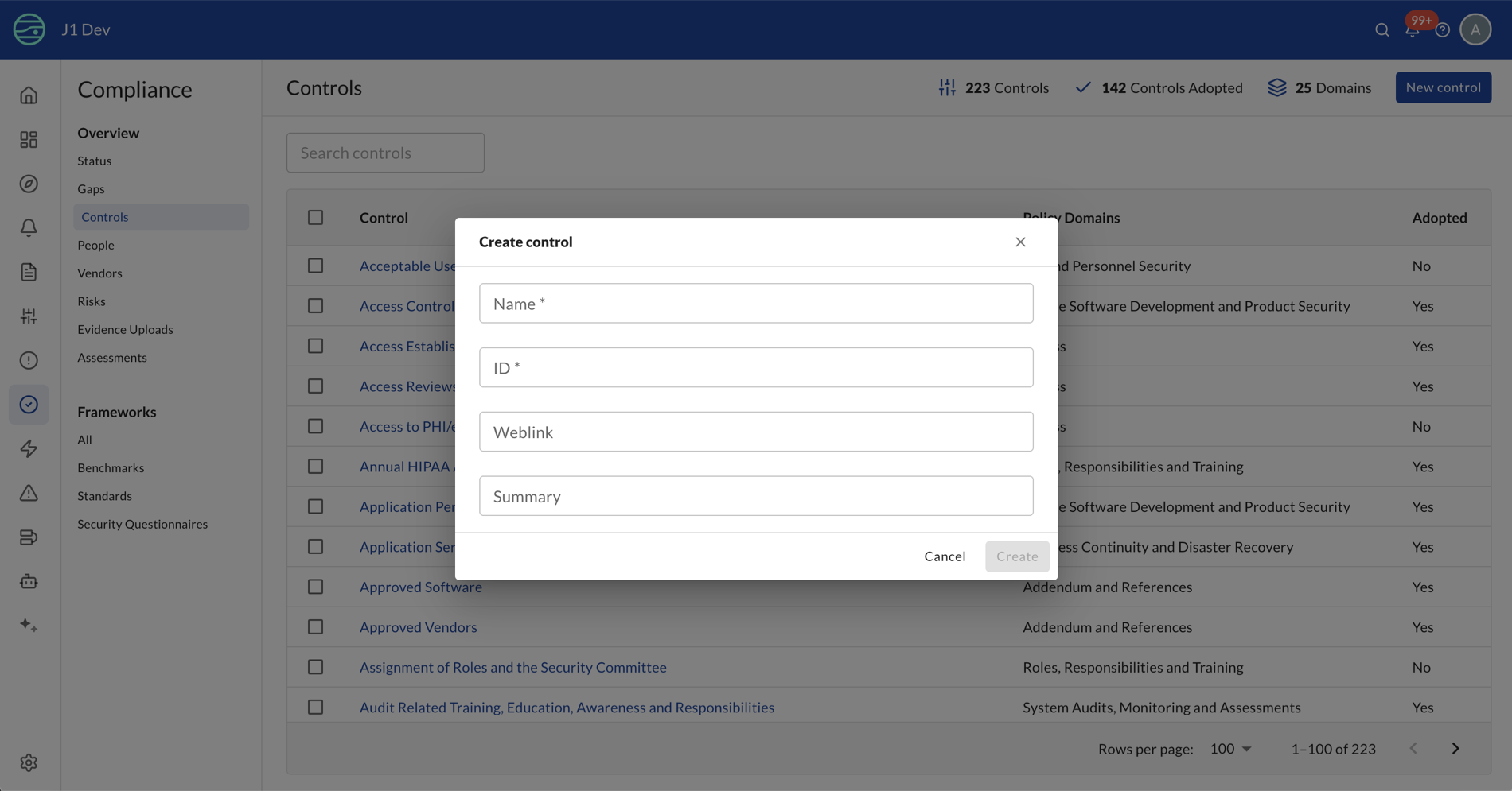 Old controls list with create-control modal