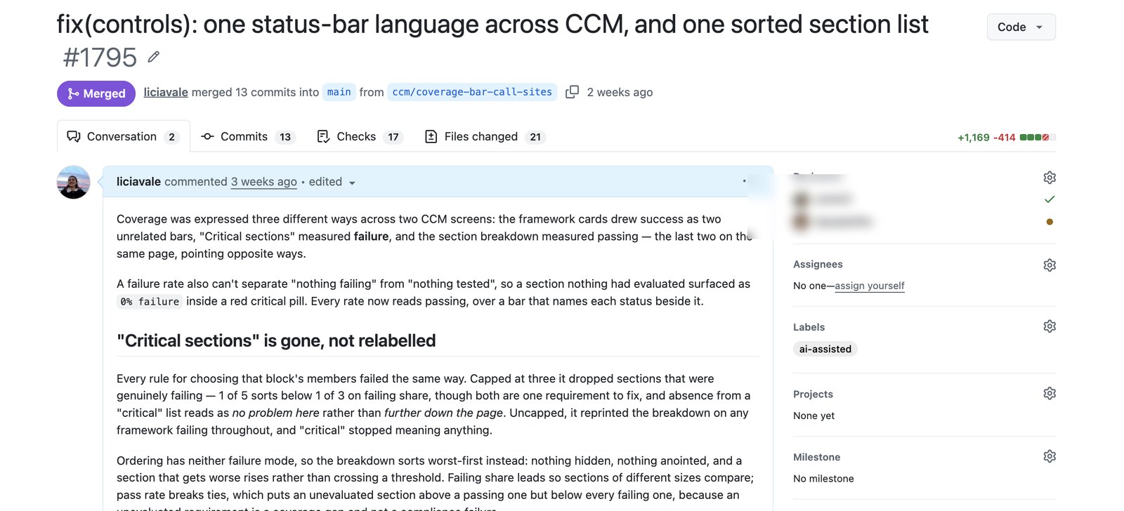The merged pull request that shipped the fix, one status-bar language across CCM