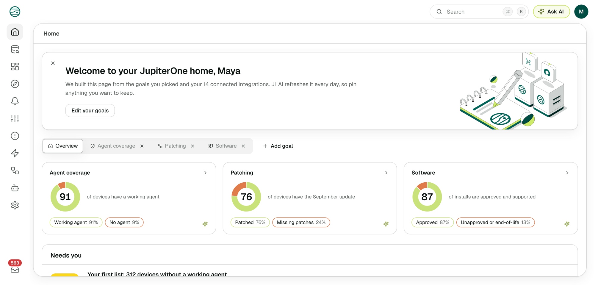After: a homepage generated from the customer's goals, with a score per goal and the work that needs them