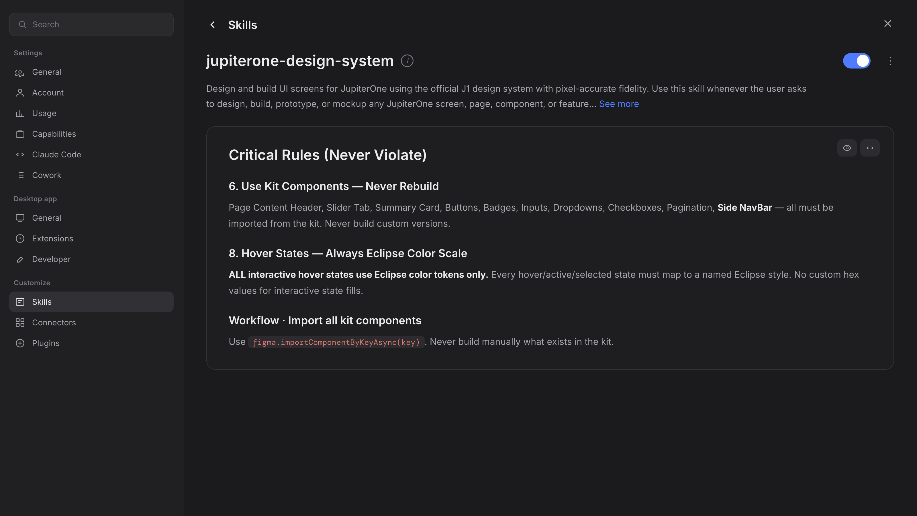 The jupiterone-design-system Claude skill, with rules to use kit components and Eclipse colour tokens for interactive states